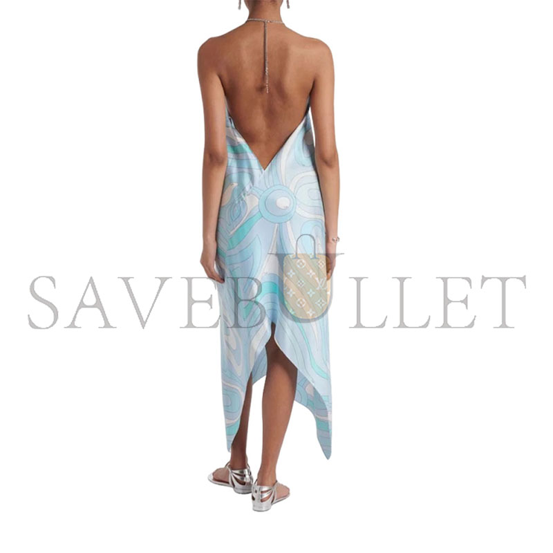 PUCCI BLUE MARMO ASYMMETRIC SILK TWILL MIDI DRESS 
